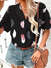 cheap Art&amp;Design Tops-Women&#039;s Shirt Feather Stylish Casual Short Sleeve Shirt Collar Regular Tops Daily Buttons Print Black White Pink Wine Blue Summer Spring