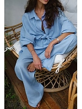 cheap Essential Faux Co-ord Sets-Women's Shirt Two Piece Sets Pants Sets Long Sleeve Shirt Collar Solid Color Dubbele Rij Knopen Fashion Basic Vacation Casual Daily White Red Dark Navy Summer Regular Fit