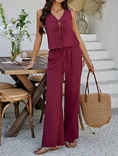 cheap Sets-Women&#039;s Active Basic Linen-Inspired Sets Two Piece Sets Vest Sleeveless V Neck Solid Color Lace up Casual Daily White Wine Dark Navy Summer Regular Fit