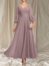 abordables Longueur du thé-Robe Mère de la Mariée A-Line Invité de Mariage Élégante Col en V Mi-Longue en Chiffon À Manches Longues avec Perles Appliques Robe Midi 2025