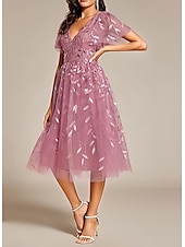 cheap Cocktail Dresses-A-Line Cocktail Dresses Elegant Dress Homecoming Party Wear Tea Length Short Sleeve V Neck Sequined with Sequin Dresses