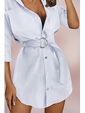 economico Abiti casual bianchi-Per donna Mini abito Abito chemisier Abito in cotone e lino Di tendenza Per eventi Appuntamento Fine settimana Standard Liscio Manica lunga Colletto Bianco Cachi Estate