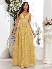 economico Semi-formale / Cocktail-Abiti A-Line per Quinceanera abito elegante matrimonio invitata a matrimonio lunghezza fino al pavimento senza maniche scollo a V in pizzo con pieghe