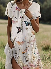 preiswerte Blumenkleid-Damen Minikleid Freizeitkleid T-Shirt-Kleid Sommerkleid A Linie Kleid Stilvoll Lässig Strand Normale Passform Blumen Grafik Schmetterling Kurzarm Rundhalsausschnitt Weiß Sommer Frühling