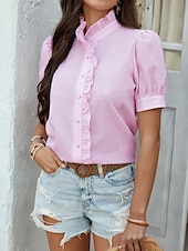 voordelige Dames eenvoudige tops-Dames Overhemd Gestreept Stijlvol Casual Korte mouw Overhemdkraag Normale tops Dagelijks Ruche Knop Afdrukken Wit Blozend Roze blauw Groen Zomer