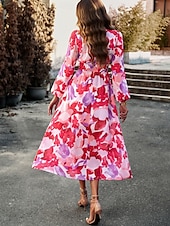 cheap Floral Dress-Women&#039;s Midi Dress A Line Dress Fit And Flare Dress Puff Sleeve Dress Vacation Casual Vacation Daily Regular Fit Graphic Long Sleeve V Neck Red Blue Green Apricot Summer