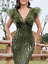 abordables Robes de Soirée-Robe de Quinceanera Sirène  Trompette Élégante Robe Mariage Mariée Invitée Longueur de Sol Sans Manches Col en V Spandex avec Sequins