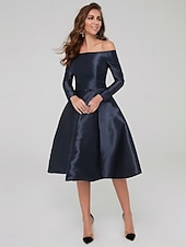 economico Abiti da cocktail-Abiti A-Line per occasioni speciali Abito elegante Ospite di matrimonio Festa di cocktail Lunghezza fino al ginocchio Maniche lunghe Off-Shoulder Seta con abiti plissettati