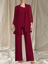 preiswerte Bodenlänge-Jumpsuit  Hosenanzug 3-teilig Kleid der Mutter der Braut Hochzeitsgast Elegantes gewelltes Dekolleté bodenlang Chiffon 3/4-lange Ärmel mit Perlen