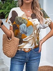 ieftine tricou Art &amp; Design-Pentru femei Tricou Floral Modă Modern Manșon scurt În V Topuri obișnuite Zilnic Imprimeu Bleumarin Trifoi Kaki Vară