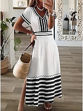 preiswerte Streifen- und geometrische Kleider-Damen Midikleid Sommerkleid A Linie Kleid Urlaub Lässig Urlaub Täglich Normale Passform Grafik Geometrisch Gestreift Kurzarm V Ausschnitt Weiß+Schwarz Sommer