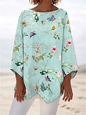 billige Dyr Topp-Dame Bluse Blomstret Grafisk Stilfull Strandstil 3/4 ermer Crew-hals Vanlige topper Daglig Trykt mønster Rød Blå Grønn Vår Høst