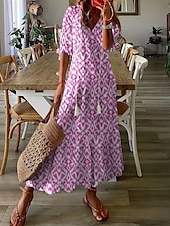 tanie Sukienki boho-Damskie Długa sukienka sukienka maxi Sukienka Boho Sukienka z nadrukiem Sukienki Peplum Romantyczna Nowoczesny Bufka Codzienny Święto Plaża Luźna Graficzny Kwiat Rękaw 1/2 W serek Rumiany r