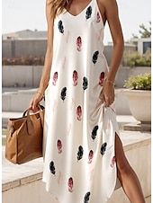 preiswerte Kunst &amp; Design Kleider-Damen Maxikleid Sommerkleid A-Linie Kleid Unterkleid Lässig Urlaub Täglich Strand Reguläre Passform Grafik Ärmellos V-Ausschnitt Weiß Sommer Frühling