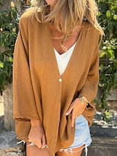 preiswerte Hemden-Damen Hemd Leinen-inspirierte Hemden Knopfleiste Bluse Einfach Basic Modern Langarm V Ausschnitt Normale Oberteile Täglich Ferien Knöpfe Schwarz Orange Braun Grün Beige Sommer