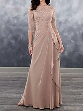 preiswerte Unter 129,99 $-Kleid Brautmutterkleid Hochzeitsgast Elegant Einfach Rundhalsausschnitt Bodenlang Polyester Dreiviertelarm mit Spitze Einfarbig 2025