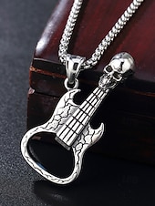 cheap Men&#039;s Jewelry-Men&#039;s Punk Rock Guitar Necklace with Skull Pendant – Stainless Steel Bottle Opener Chain for Music Lovers, Party &amp; Bar Accessories