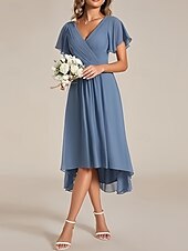 baratos Vestidos para Madrinhas-Linha A Vestido de Madrinha Decote V Manga Curta Elegante Assimétrico Chiffon com Franzido 2022