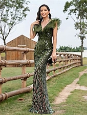 abordables Robes de Soirée-Robe de Quinceanera Sirène  Trompette Élégante Robe Mariage Mariée Invitée Longueur de Sol Sans Manches Col en V Spandex avec Sequins