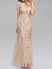 cheap Floor Length-Mermaid / Trumpet Wedding Guest Dresses Elegant Dress Wedding Guest Birthday Floor Length Short Sleeve Crew Neck Tulle with Sequin Embroidery