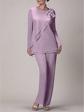 voordelige Broekpakken van mama-Strand Bruiloft Twee Delige Jumpsuit  Pantsuit Moeder van de Bruid Bruiloft Gast Elegante Plus Size Juweel Hals Vloerlengte Chiffon Lange Mouw met Strik(ken) Rimpelingen 2025