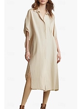 economico Camicie-Per donna Abito Midi Abito Camicia Abito in cotone e lino Moda Essenziale Classico Vacanza Ferie Uscire Vestibilità regolare Semplice Manica Lunga Colletto a Camicia Nero Bianco Verde chiaro Rosa