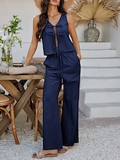 cheap Sets-Women&#039;s Active Basic Linen-Inspired Sets Two Piece Sets Vest Sleeveless V Neck Solid Color Lace up Casual Daily White Wine Dark Navy Summer Regular Fit