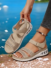 preiswerte Komfortsandalen-Damensandalen mit Luftpolster und Strasssteinen – bequeme Schuhe mit verstellbarem Klettverschluss und offener Spitze für Freizeit und Outdoor
