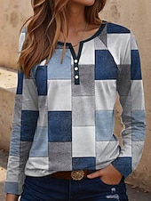 billige Stripe og geometrisk t-skjorte-Dame T skjorte Geometrisk Fritid Langermet Hals med hakk Vanlige topper Daglig Trykt mønster Blå Brun Regnbue Vår Høst