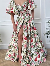 economico Abito Floreale-Abito Plus Size Maxi Donne A Line Abito Spalle Scoperte Abito Maniche Voluminose Vacanza Maniche Voluminose Quotidiana Festa Vestibilità Su Misura Grafica Maniche Corte Collo a V Verde Estate