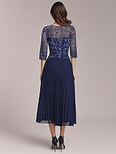 abordables Longueur du thé-Robe Mère de la Mariée A-Line Élégante Simple Décontractée Col Ronde Longue en Chiffon À Manches Mi-Longues avec Appliques Florales en Dentelle Plis de Genoux Printemps Été Robe Midi 2025