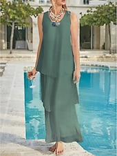 economico Lunghezza del pavimento-Matrimonio in Spiaggia Abito Madre della Sposa Linea A Ospite di Matrimonio Elegante Semplice Collo a V Lunghezza Caviglia Chiffon Senza Maniche con Strati Colore Solido 2025 misura personalizzata