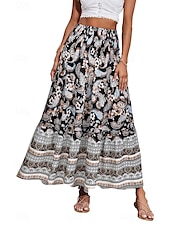 billiga Grafiska kjolar-Dam Kjol Gunga Ledigt Boho Maxi Mellanhög midja Kjolar Blommig Mönster Microelastisk Semester Gata Äppelgrå Violett Svart Mandel Sommar Polyester
