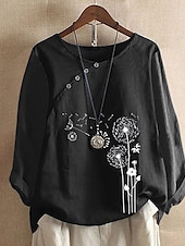 cheap Shirts-Women&#039;s Blouse Cotton Linen Shirts Flower Vintage Basic Casual Long Sleeve Crew Neck Regular Tops Daily Going out Buttons Print Black White Light Brown Brown Summer