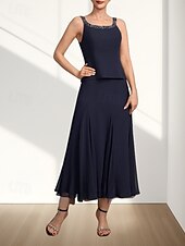 olcso Tea hossza-Két részes A-vonalú menyecske anyukájának ruha Esküvői vendég Elegáns Kerek nyak Tea hosszúságú Chiffon 3/4 Hosszú ujjú Gyöngyözéssel Midi ruha 2025