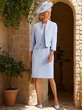 preiswerte Mit Jacke-Etui  Säule Mutter der Braut Kleid Elegantes einfaches Rundhals Tee-Länge Krepp 3/4-Länge Arm mit Spitze Uni-Farbe 2025
