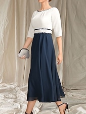 preiswerte Teelänge-A-Linie Brautmutterkleid Hochzeitsgast Elegantes Rundhals Tee-Länge Chiffon Satin Halbarm mit Perlen Raffung Midi Kleid 2025
