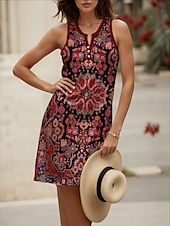 ieftine Rochii boho-Pentru femei Rochie Mini Rochie de Vară Rochie A line Rochie de vară Rochie cu umeri Casual Concediu Plajă Fit regulat Grafic Epocă Boem Fără manșon În V Roșu Vin Vară Primăvară