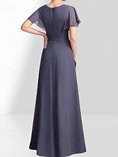 billige Gulvlengde-A-linje Mor til bruden Kjole Bryllupsgjester Elegant Crew Hals Gulvlengde Chiffon Korte Ermer med Pynt Rynking