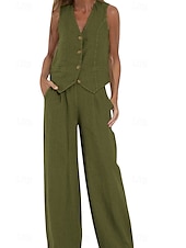 cheap Sets-Women&#039;s Active Basic Linen-Inspired Sets Two Piece Sets Blouse Sleeveless V Neck Solid Color Dubbele Rij Knopen Vacation Casual Daily Black White Wine Summer Regular Fit