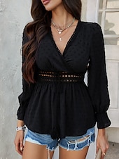 billige Kvinne Enkle Topper-Kvinners Bluse Boho Skjorte Enfarget Stilfull Avslappet Langermet V-Hals Vanlige Topper Daglig Lappverk Utskjæring Sort Hvit Blå Aprikos Sommer Vår