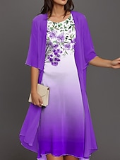 abordables Robe Fleurie-Robe midi de graduation pour femmes 2 pièces Ensemble de robe Robe évasée Cocktail Semi-formel Imprimé graphique floral Manches demi Col rond Formelle Invité de mariage Bleue Violet Fuchsia Été