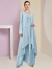 baratos Terninhos de calça da mamãe-Macacão/Pantalona para Casamento na Praia 3 Peças Mãe da Noiva Convidada de Casamento Formal Elegante Decote V Comprimento até o Chão Chiffon Renda Sem Mangas Envolvente Inclusa com Apliques de