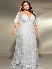 voordelige Onder 129,99 $-Plus Size Jurk Moeder van de Bruid Curve Jurk Elegant V Hals Vloerlengte Polyester Korte Mouw met Kant