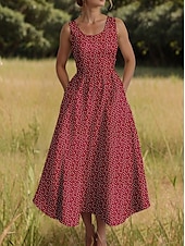 abordables Art &amp; Design Robes-Femmes Robe Midi Robe d&#039;Été Robe trapèze Robe à épaules dénudées Vacances Occasionnel Boho Extérieur Soirée Sortir Coupe régulière Graphique À pois Sans manches Col en U Vin Été