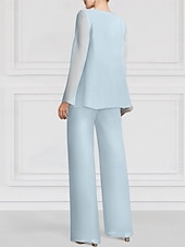 economico Tailleur pantalone della mamma-Completo Pantaloni Floreali Blu Rosa 3 Pezzi Madre della Sposa Ospite di Matrimonio Elegante Scollo Gioiello Lunghezza Fino al Pavimento Chiffon Maniche Lunghe Cappotto Incluso con Ruches in Pizzo