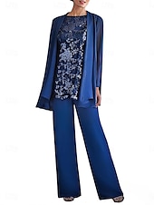 cheap Under $129.99-3 Piece Pantsuit Mother of the Bride Dress Elegant Crew Neck Floor Length Polyester Long Sleeve with Beading