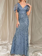 economico Lunghezza del pavimento-Sirena / Tromba Abito da cerimonia per signora Ospite di nozze Elegante Brillare &amp; Splendere Scollo a V Lunghezza al pavimento Raso Pizzo Manica Corta con Pizzo Fascia / Nastro 2025