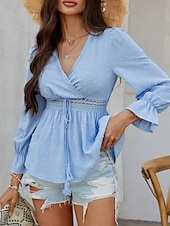billige Kvinne Enkle Topper-Kvinners Bluse Boho Skjorte Enfarget Stilfull Avslappet Langermet V-Hals Vanlige Topper Daglig Lappverk Utskjæring Sort Hvit Blå Aprikos Sommer Vår