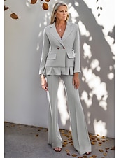 abordables Costumes-pantalons pour maman-Ensemble de pantalon deux pièces mère de la mariée élégant simple minimaliste col en V avec revers longueur totale crêpe manches longues avec volants boutons en métal printemps été 2025